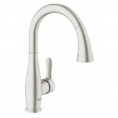 Смеситель для кухни однорычажный GROHE Parkfield с выдвижной лейкой, C-образный излив, суперсталь (30215DC1) — фото, характеристики, купить в NOVOCHERKASSK-CLIMBO